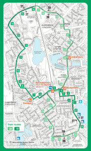 Mapa das linhas de tram de Helsinki (ainda com os nomes antigos)